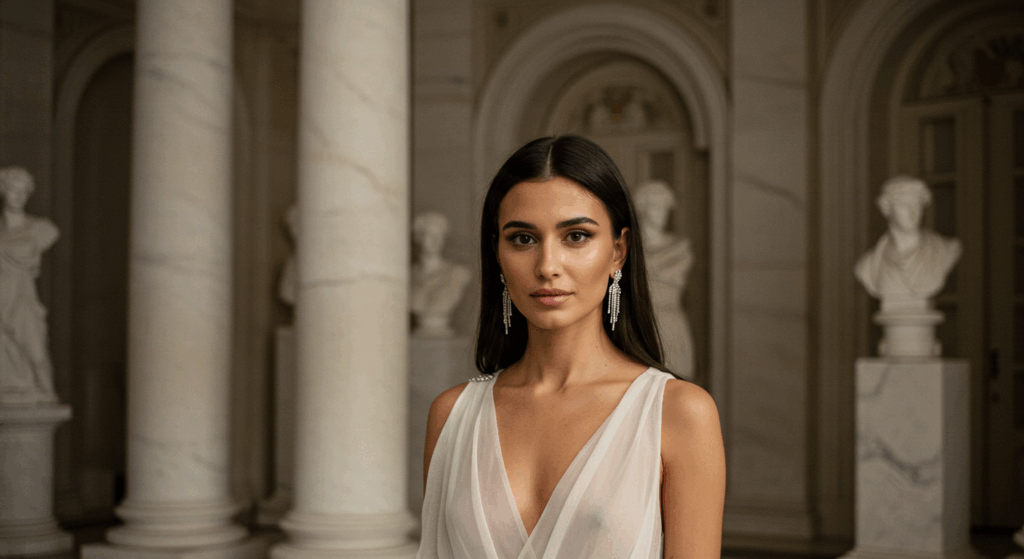 Une femme vêtue d'une robe élégante se tenant entre deux colonnes de marbre dans une grande salle avec des sculptures classiques en arrière-plan.