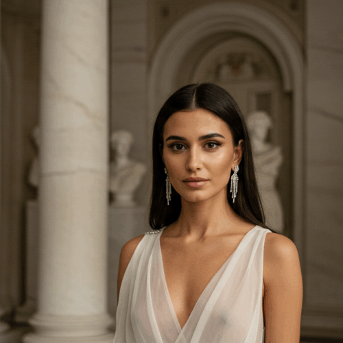 Une femme vêtue d'une robe élégante se tenant entre deux colonnes de marbre dans une grande salle avec des sculptures classiques en arrière-plan.