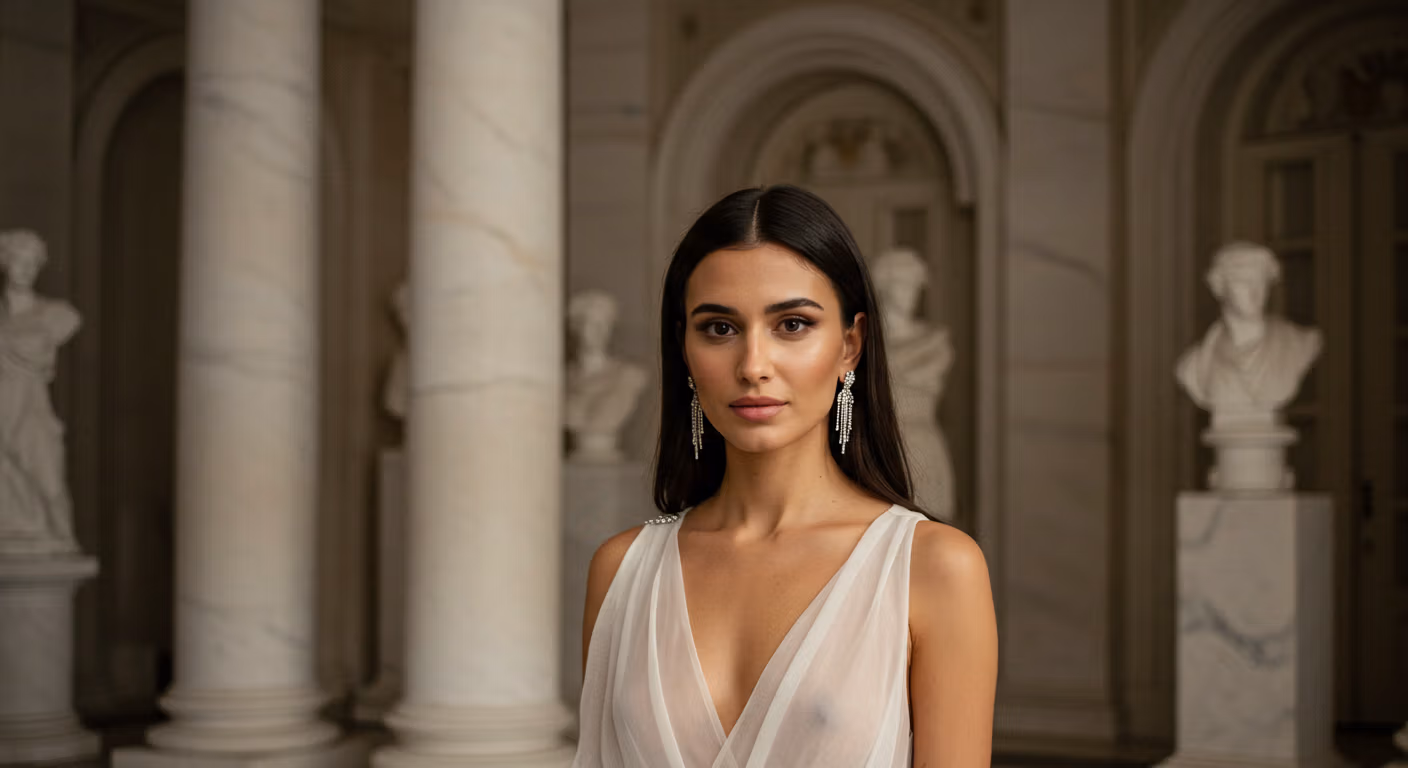 Eine Frau in einem eleganten Kleid steht zwischen zwei Marmorsäulen in einer großen Halle mit klassischen Skulpturen im Hintergrund.