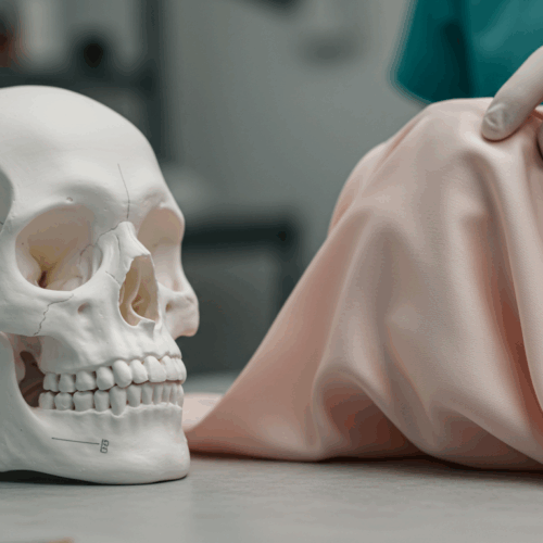Een gedetailleerde foto van een model van een menselijke schedel naast een perzikkleurige doek die door een gehandschoende hand wordt vastgehouden. De afbeelding speelt zich af in een laboratorium of medische omgeving, wat een forensische of wetenschappelijke context suggereert. De schedel is prominent in beeld, waarbij de doek en de gehandschoende hand bijdragen aan de klinische sfeer.