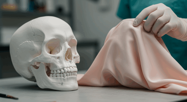 Photographie détaillée d'un modèle de crâne humain posé à côté d'un tissu couleur pêche tenu par une main gantée. L'image se déroule dans un laboratoire ou un environnement médical, suggérant un contexte médico-légal ou scientifique. Le crâne est bien en évidence dans le cadre, le tissu et la main gantée contribuant à l'atmosphère clinique.