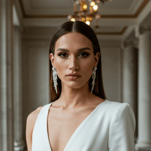 Een vrouw in een witte jurk staat in een kamer met zuilen en een kroonluchter