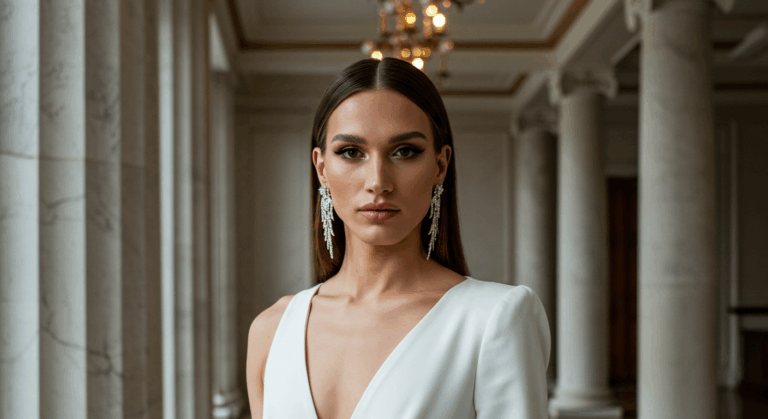 Une femme en robe blanche debout dans une pièce avec des colonnes et un lustre