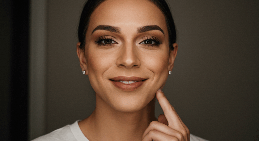 A young woman with makeup resting her chin on her hand and smiling