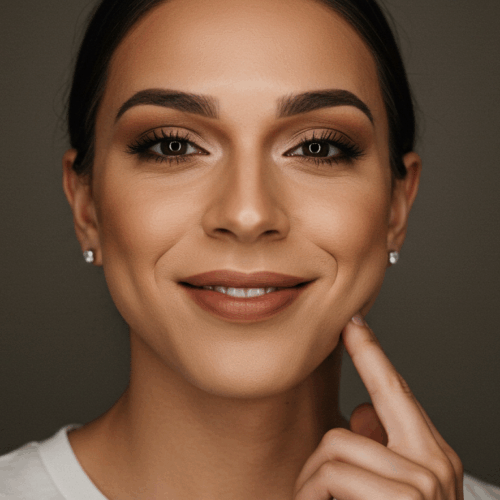 Een jonge vrouw met make-up, haar kin op haar hand rustend en glimlachend