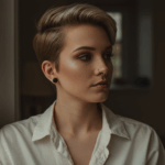 Une personne aux cheveux courts et aux piercings portant une chemise blanche, regardant par la fenêtre avec une expression pensive.