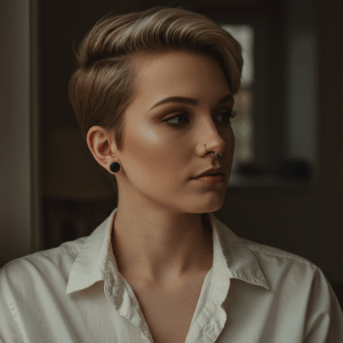 Een persoon met kort haar en piercings, gekleed in een wit shirt, kijkt met een nadenkende blik uit het raam.