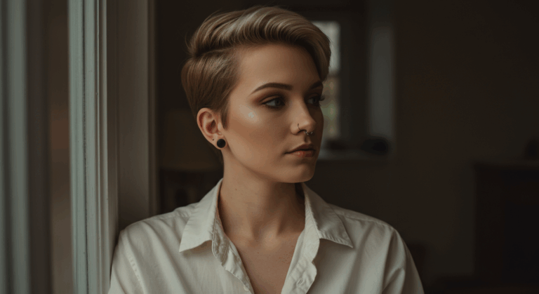 Une personne aux cheveux courts et aux piercings portant une chemise blanche, regardant par la fenêtre avec une expression pensive.