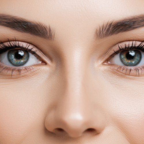 Een close-up van het gezicht van een vrouw, met de nadruk op haar ogen, wenkbrauwen en neus. De ogen zijn helder en levendig, met irissen in een mix van groen en blauw. Haar wenkbrauwen zijn goed verzorgd en haar huid ziet er glad en stralend uit. De foto legt de natuurlijke schoonheid en expressiviteit van haar gelaatstrekken vast.