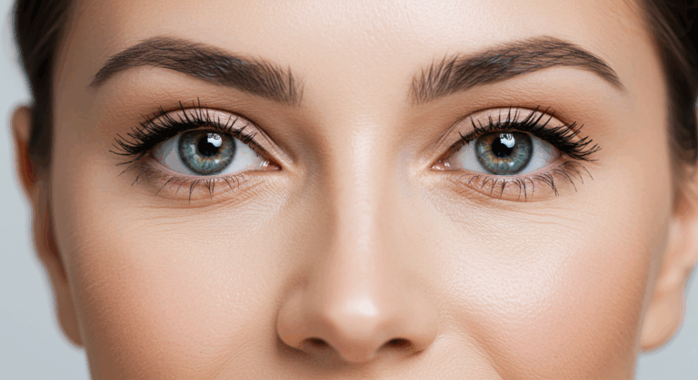 Gros plan sur le visage d'une femme, mettant en valeur ses yeux, ses sourcils et son nez. Ses yeux sont brillants et vibrants, avec des iris aux nuances de vert et de bleu. Ses sourcils sont soignés et sa peau paraît lisse et éclatante. L'image capture la beauté naturelle et l'expressivité de ses traits.