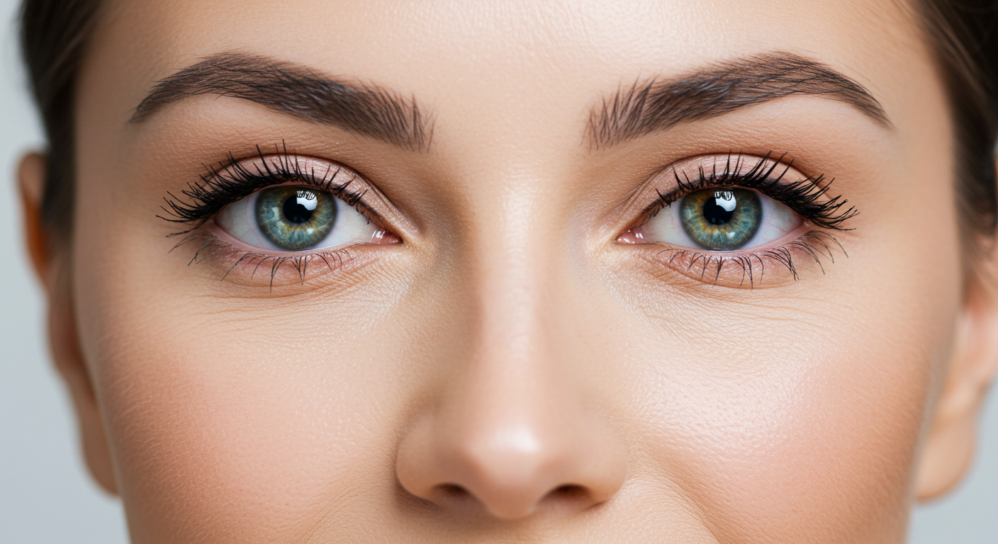 Gros plan sur le visage d'une femme, mettant en valeur ses yeux, ses sourcils et son nez. Ses yeux sont brillants et vibrants, avec des iris aux nuances de vert et de bleu. Ses sourcils sont soignés et sa peau paraît lisse et éclatante. L'image capture la beauté naturelle et l'expressivité de ses traits.