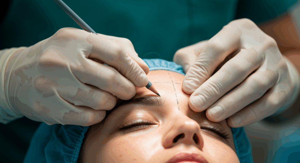 A close-up of a medical professional carefully marking a patient's forehead with a pen in preparation for a cosmetic procedure, likely a brow lift or forehead surgery.