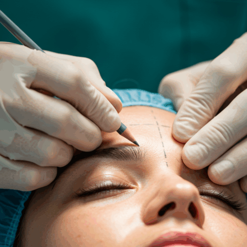 Een close-up van een medische professional die zorgvuldig het voorhoofd van een patiënt markeert met een pen ter voorbereiding op een cosmetische ingreep, waarschijnlijk een wenkbrauwlift of voorhoofdsoperatie.