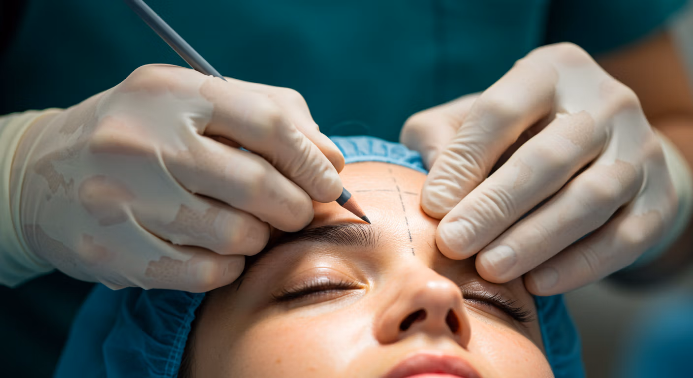 Gros plan d'un professionnel de la santé marquant soigneusement le front d'un patient avec un stylo en vue d'une intervention esthétique, probablement un lifting des sourcils ou une chirurgie du front.