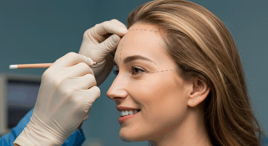 Un professionnel de santé marque le front d'une femme au feutre, en vue d'une intervention esthétique comme des injections de Botox ou un lifting des sourcils. La femme est blonde et sourit.