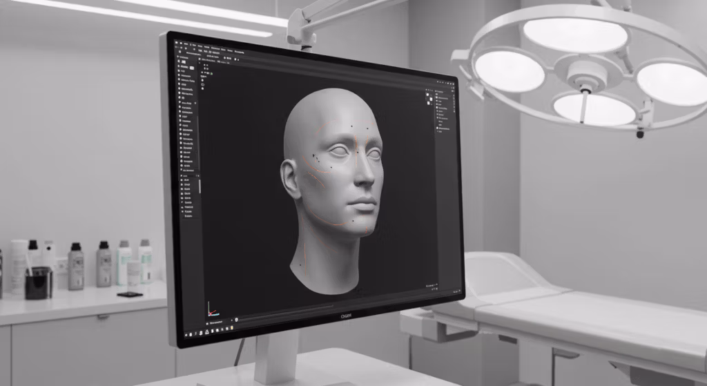 Un écran d'ordinateur dans un cabinet médical affichant un modèle de reconstruction faciale en 3D, avec des lumières chirurgicales et du matériel médical en arrière-plan.