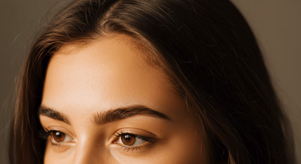 Photographie en gros plan d'un visage, mettant l'accent sur les yeux et les sourcils, avec un éclairage doux soulignant les traits du visage.