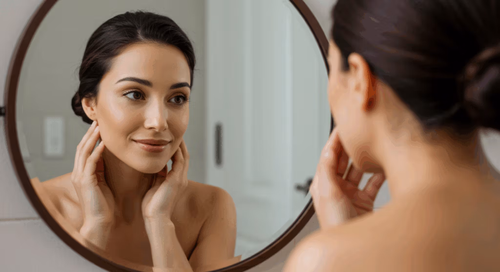 Une femme se regarde dans un miroir rond, se touchant le visage des deux mains, dans une salle de bains.