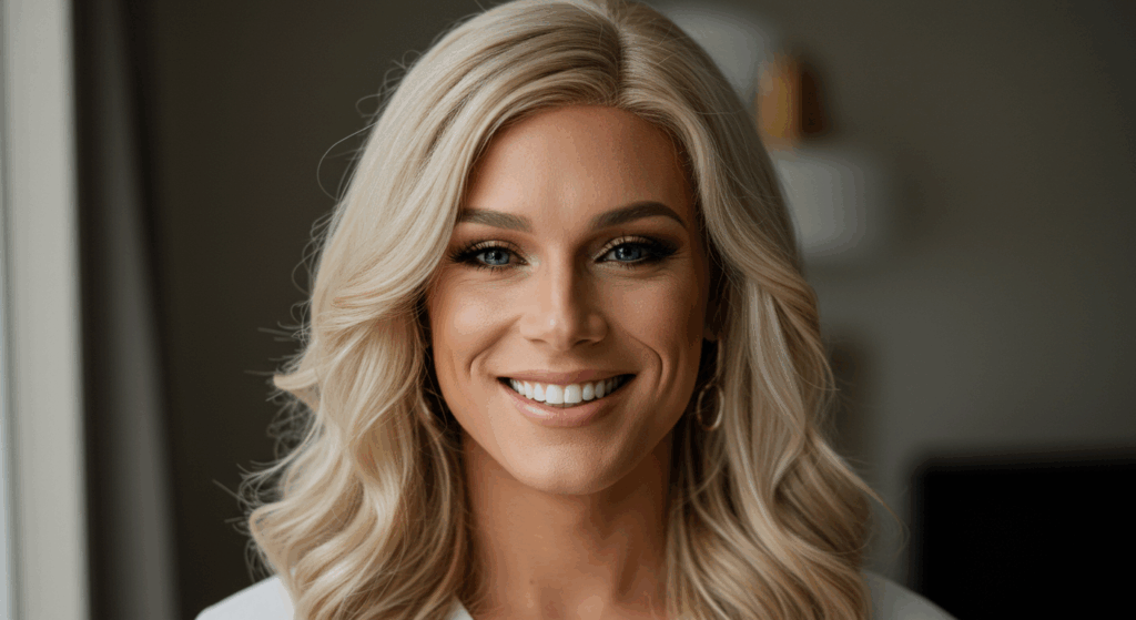 A portrait of a woman with blonde hair smiling at the camera