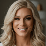 Un portrait d'une femme aux cheveux blonds souriant à la caméra