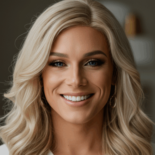 Een portret van een vrouw met blond haar die naar de camera lacht