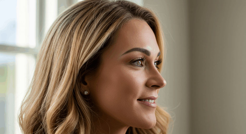 A close-up portrait of a woman with light brown hair, smiling softly while looking out a window.