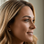 Portrait en gros plan d'une femme aux cheveux châtain clair, souriant doucement tout en regardant par la fenêtre.