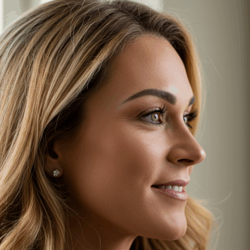 Een close-up portret van een vrouw met lichtbruin haar, die zachtjes lacht terwijl ze uit het raam kijkt.