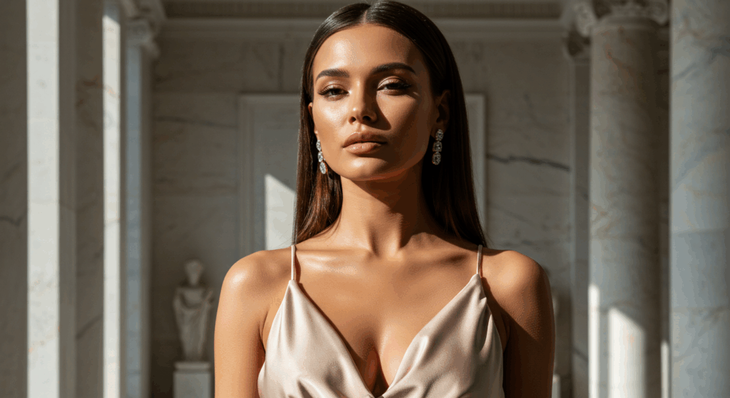 A woman with sleek straight hair wearing a silky satin top, posing confidently in a brightly lit room with marble walls and columns.