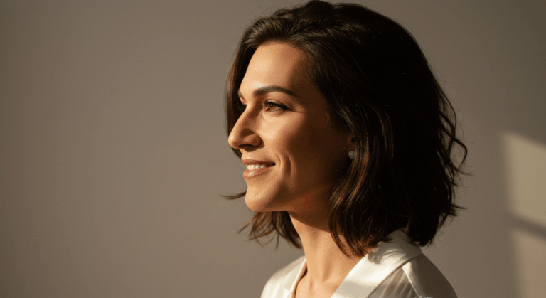 Une femme aux cheveux courts et foncés souriant et regardant sur le côté, portant un haut de couleur claire, avec un éclairage doux mettant en valeur son visage.