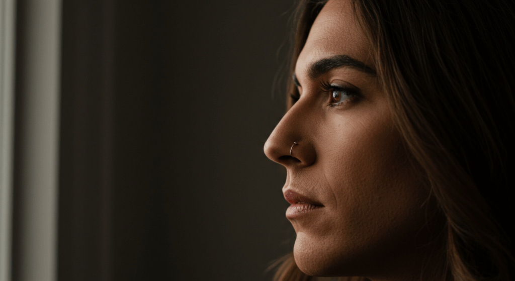 A close-up profile photo of a woman with a nose ring, looking to the side against a dark background.