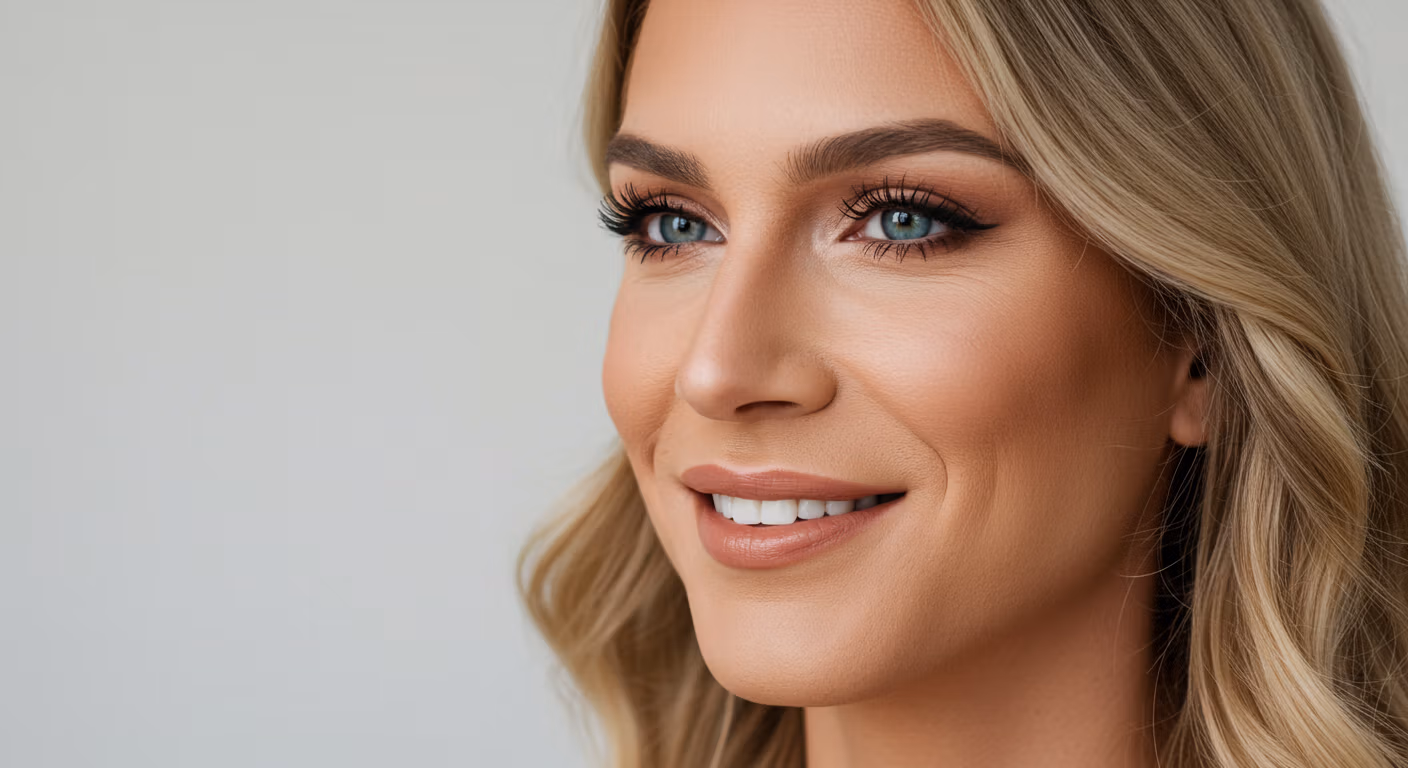 A close-up portrait of a woman with blue eyes, blonde hair, and a warm smile, set against a plain white background.