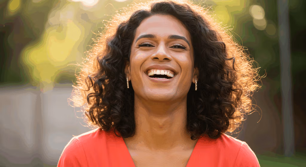 A close-up photo of a smiling woman with curly hair, wearing a pink top and gold earrings, standing outdoors with a blurred green background.
