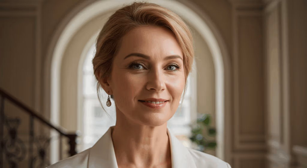 Ein professionelles Porträt einer Frau mit blonden Haaren, die elegant hochgesteckt sind, einem weißen Blazer und dezenten Ohrringen. Sie steht in einem hellen Raum mit einem Treppengeländer und großen Bogenfenstern im Hintergrund.
