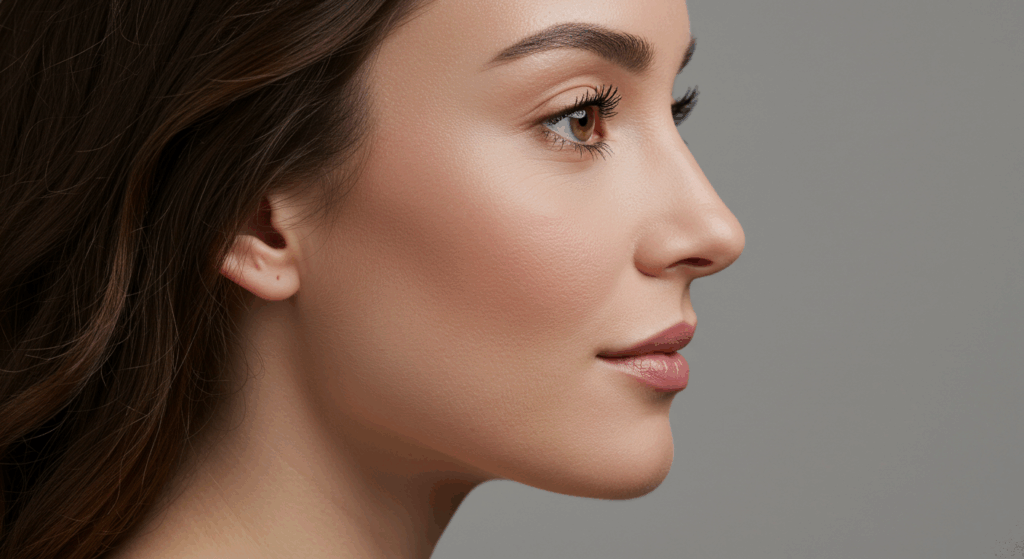 A profile view of a woman with smooth skin, well-defined facial features, and a subtle, natural makeup look.