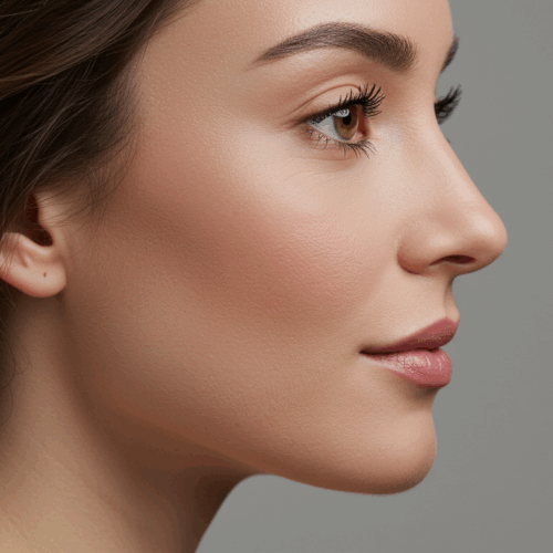 Een profielfoto van een vrouw met een gladde huid, goed gedefinieerde gelaatstrekken en een subtiele, natuurlijke make-uplook.