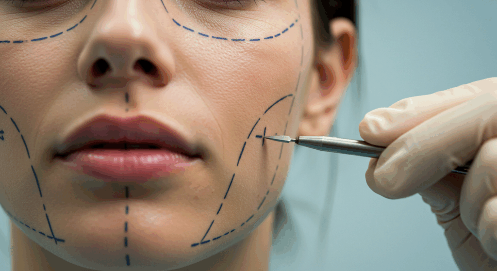 A close-up image of a person's face with surgical markings drawn in blue ink, indicating areas for potential cosmetic procedures. A gloved hand holding a pen is visible, likely belonging to a medical professional preparing for a surgical or non-surgical cosmetic treatment.