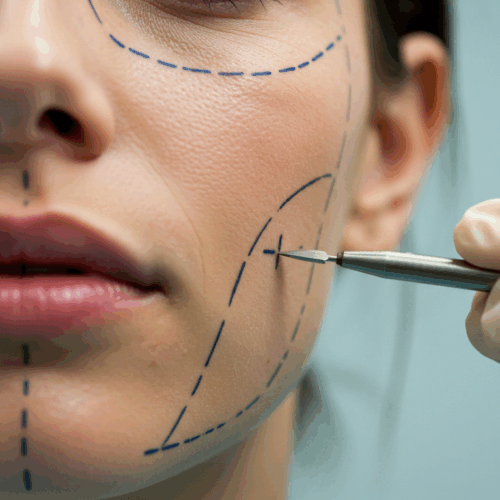 Een close-up van iemands gezicht met chirurgische markeringen in blauwe inkt, die gebieden aangeven die in aanmerking komen voor cosmetische ingrepen. Een gehandschoende hand met een pen is zichtbaar, waarschijnlijk van een medisch professional die zich voorbereidt op een chirurgische of niet-chirurgische cosmetische behandeling.