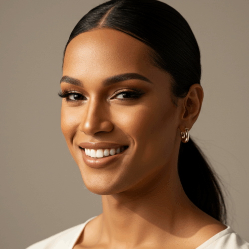 Een vrouw met donker haar, strak naar achteren getrokken in een paardenstaart, draagt een wit topje en lacht naar de camera. Het licht verlicht haar gezicht zacht en accentueert haar gelaatstrekken. De achtergrond is effen en neutraal, waardoor de focus op haar gezicht ligt.