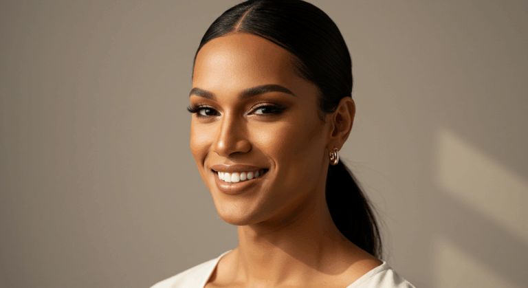 Une femme aux cheveux noirs attachés en queue de cheval lisse, vêtue d'un haut blanc, sourit à l'objectif. La lumière éclaire doucement son visage, soulignant ses traits. L'arrière-plan, simple et neutre, met en valeur son visage.