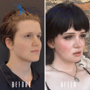 Before and after comparison of a person's facial features, showcasing changes in hair style, makeup, and overall appearance. The image likely highlights the results of a cosmetic or surgical procedure, with a focus on the transformation of the individual's look.