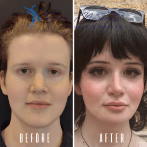 Before and after comparison of a person's facial transformation, showing a fuller face with lighter hair in the 'before' image and a more defined facial structure with darker hair and makeup in the 'after' image.