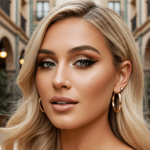 A close-up portrait of a young woman with blonde hair and green eyes. Her makeup is done with a smokey eye effect and nude lips. She is wearing large golden hoop earrings. The background shows an outdoor setting with arches and green plants.