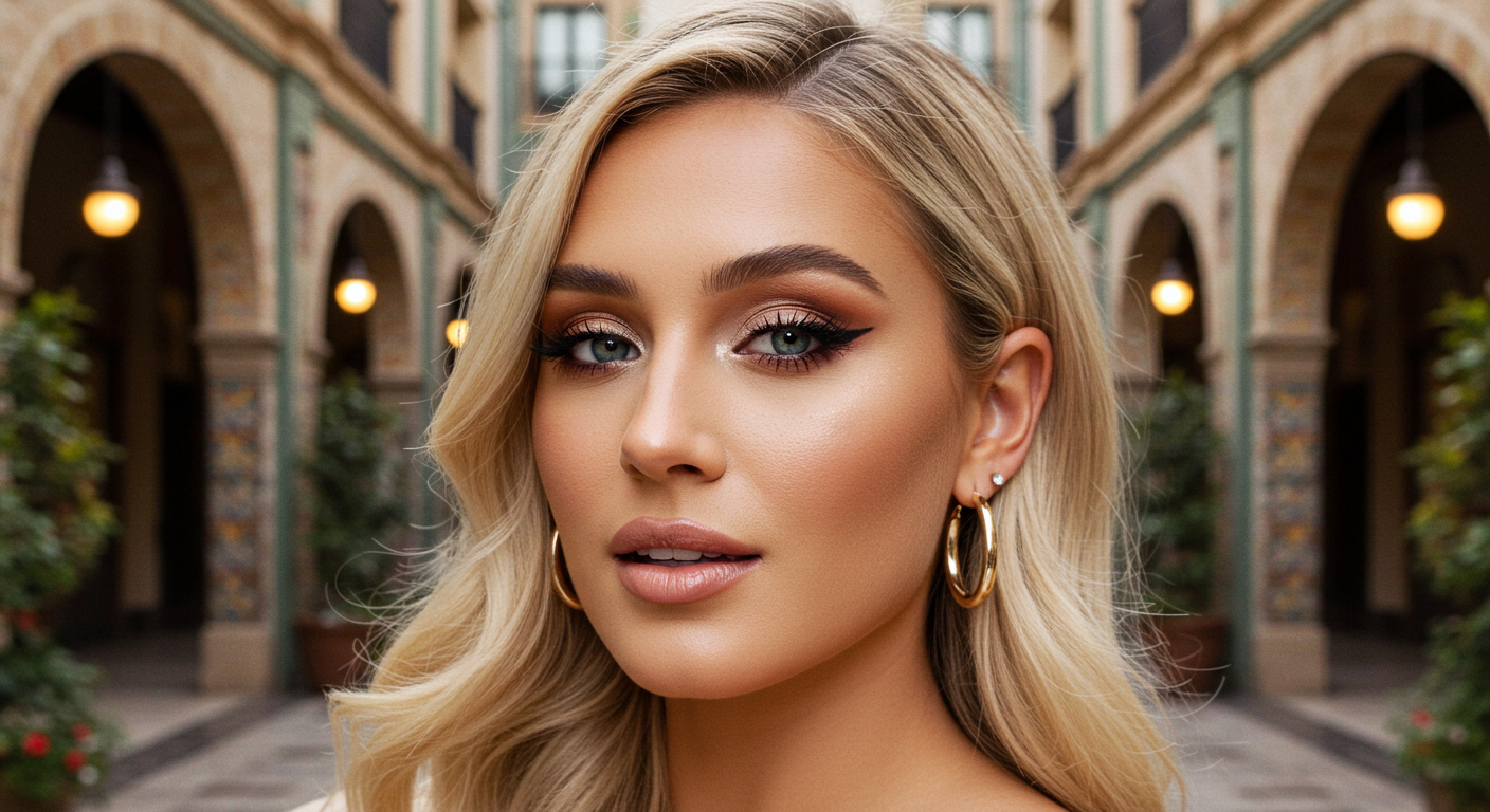 A close-up portrait of a young woman with blonde hair and green eyes. Her makeup is done with a smokey eye effect and nude lips. She is wearing large golden hoop earrings. The background shows an outdoor setting with arches and green plants.