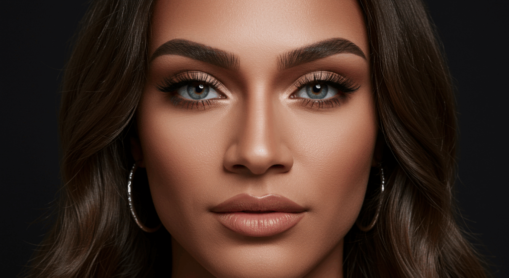 صورة مقربة لامرأة ذات عيون زرقاء مذهلة، وحواجب مثالية الشكل، وشفتين ممتلئتين، وترتدي مكياجًا خفيفًا وأقراطًا كبيرة، على خلفية داكنة.