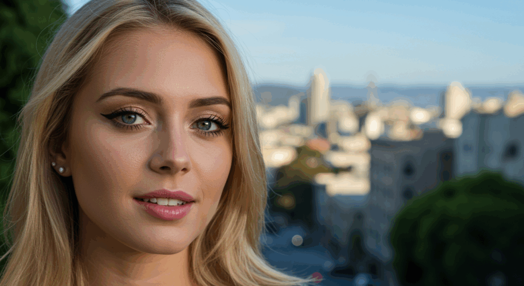 A close-up portrait of a blonde woman with subtle makeup and green eyes, posing outdoors with a blurred cityscape in the background.