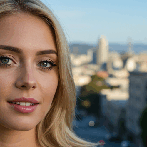 A close-up portrait of a blonde woman with subtle makeup and green eyes, posing outdoors with a blurred cityscape in the background.