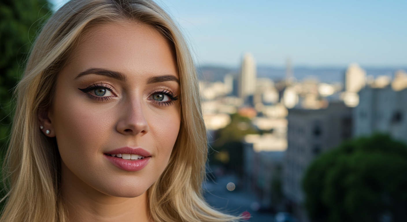A close-up portrait of a blonde woman with subtle makeup and green eyes, posing outdoors with a blurred cityscape in the background.