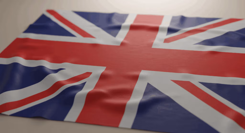 A close-up view of the Union Jack flag, featuring the iconic red, white, and blue design with overlapping diagonal and vertical crosses.