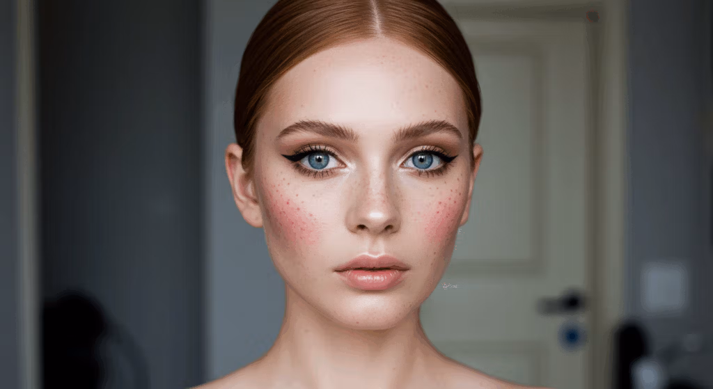 A close-up portrait of a young woman with light freckles, striking blue eyes, and a natural makeup look. She has her hair neatly pulled back, wearing subtle eye makeup with a focus on her clear, glowing skin. The background is softly blurred, keeping the focus on her facial features.